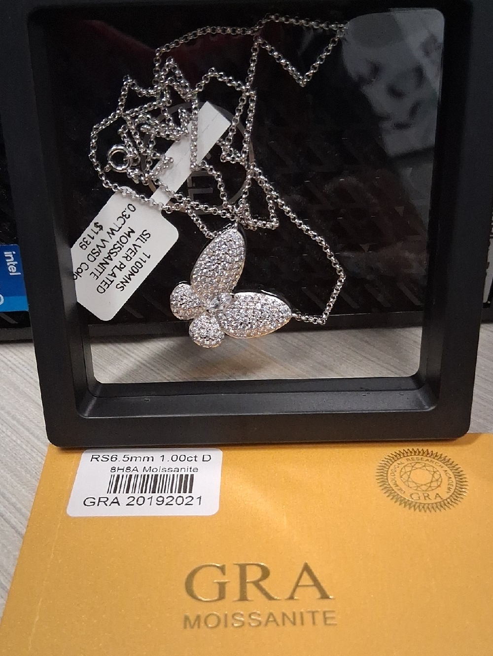 Moissanite Butterfly Pendant Necklace in Silver Tone